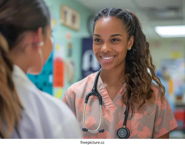 A smiling female doctor or nurse wearing a stethoscope