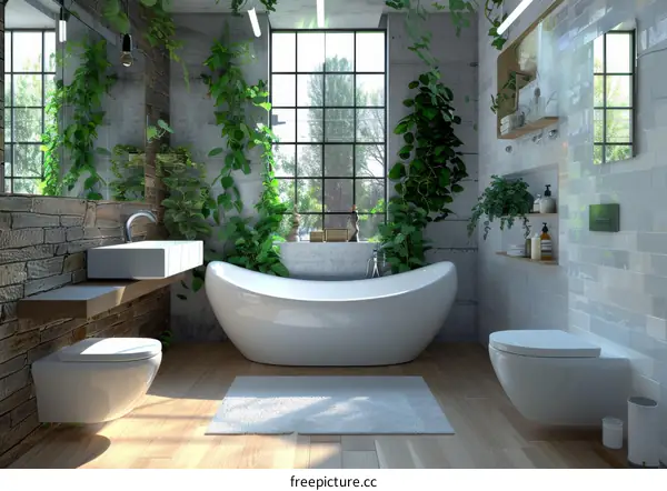 Modern Bathroom with Plants and Luxurious Interior Decor