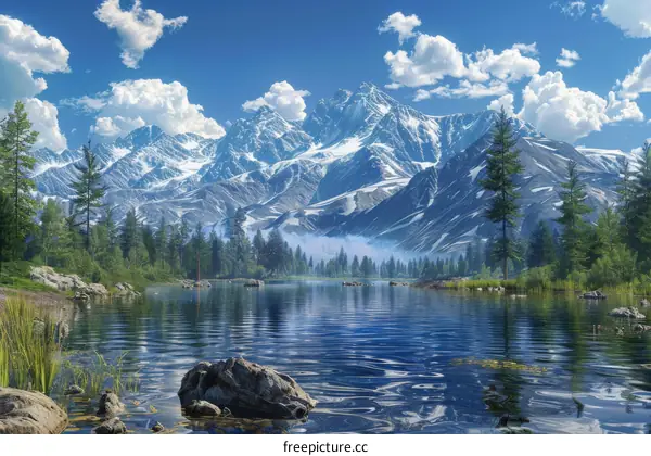 Mountain Lake Reflects Majestic Snow-Capped Peaks