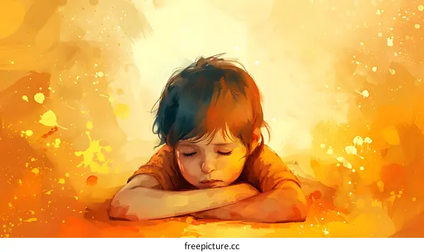 An illustration of a sad looking child with its head resting on its arms.