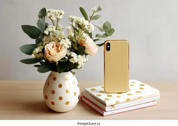 Golden Phone with Floral Arrangement on Wooden Table