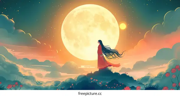 A woman on a hilltop admiring the moonlit sky