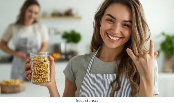 Smiling Woman Showing Pasta in Kitchen