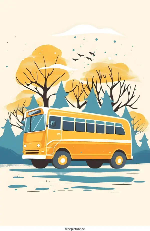 Yellow Bus in Snowy Forest Illustration