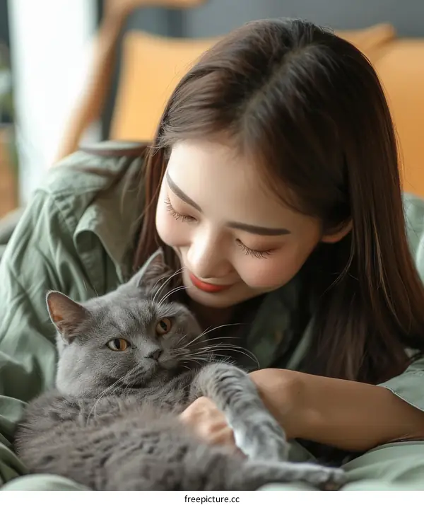 Woman with cat on bed in home