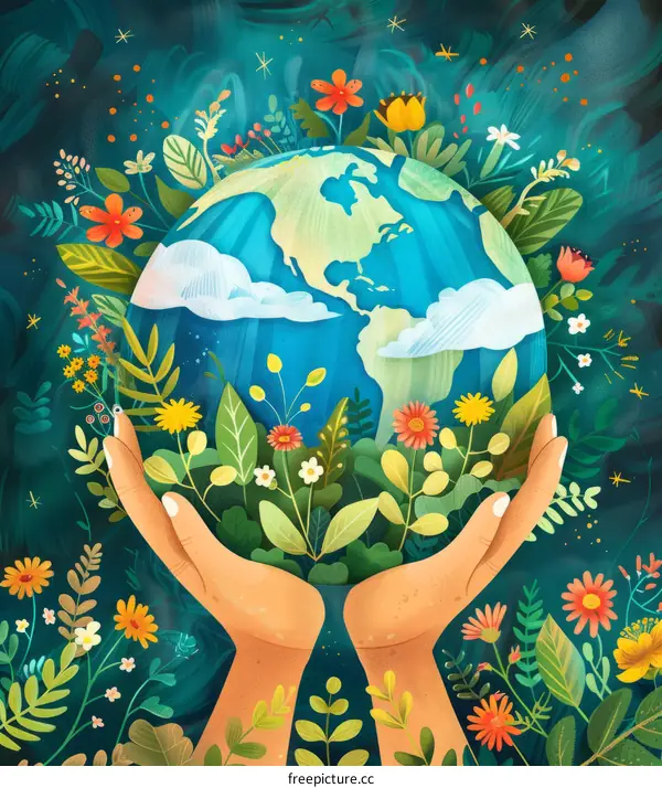 Hands cradling the Earth with flowers and plants growing from it
