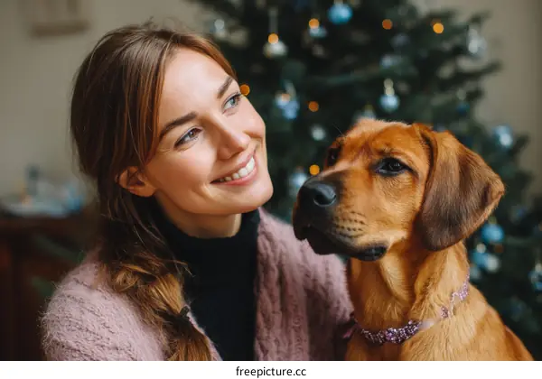 Christmas Joyful Woman and Dog Portrait