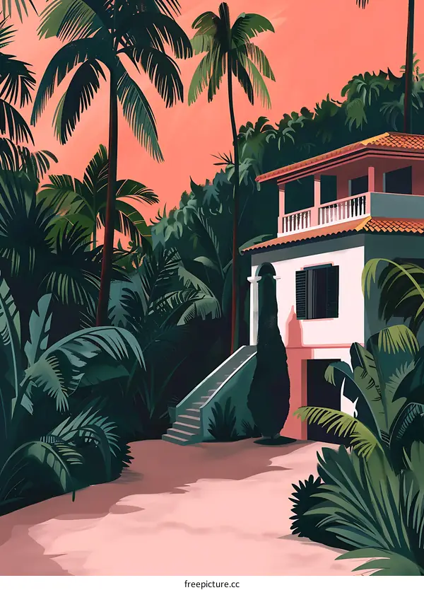 Tropical House with Palm Trees and Pink Sunset