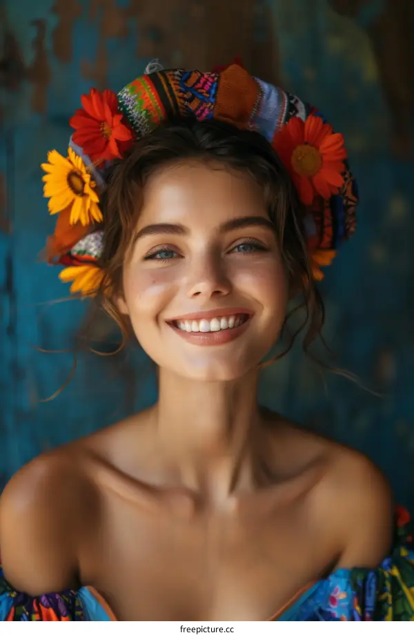 portrait of a smiling young woman wearing a colorful floral headdress