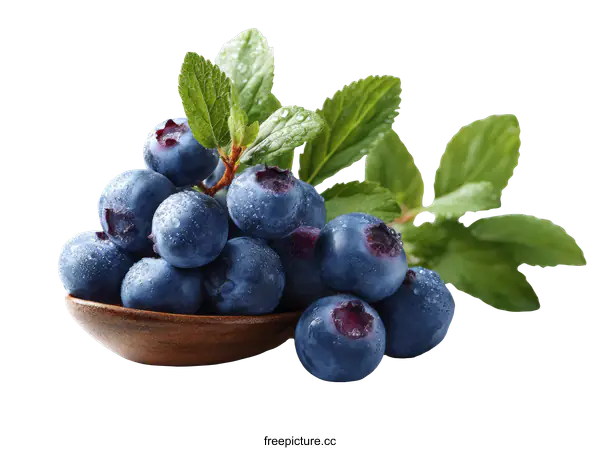[Transparent Background PNG]Fresh Blueberries in Wooden Spoon with Leaves