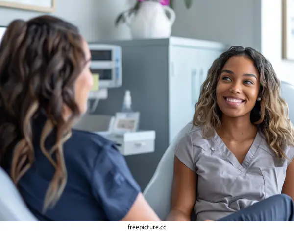 Two healthcare professionals are talking in a hospital room