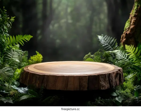 Wooden Stump in Lush Green Forest Background