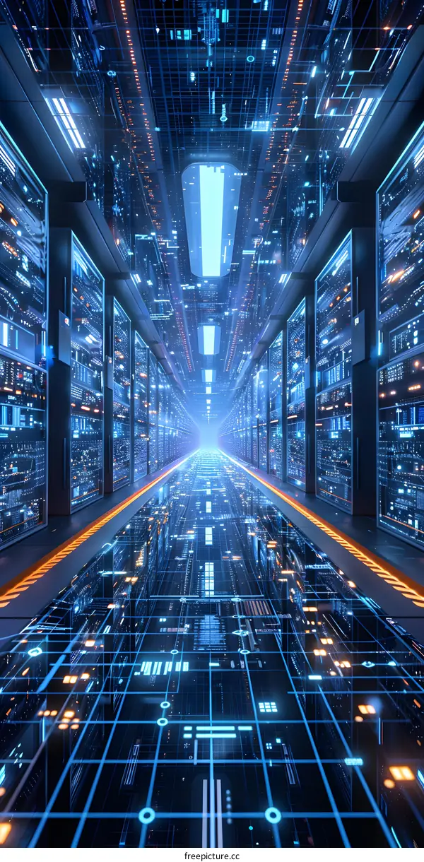 Futuristic Server Room with Blue Lights and Grid Floor