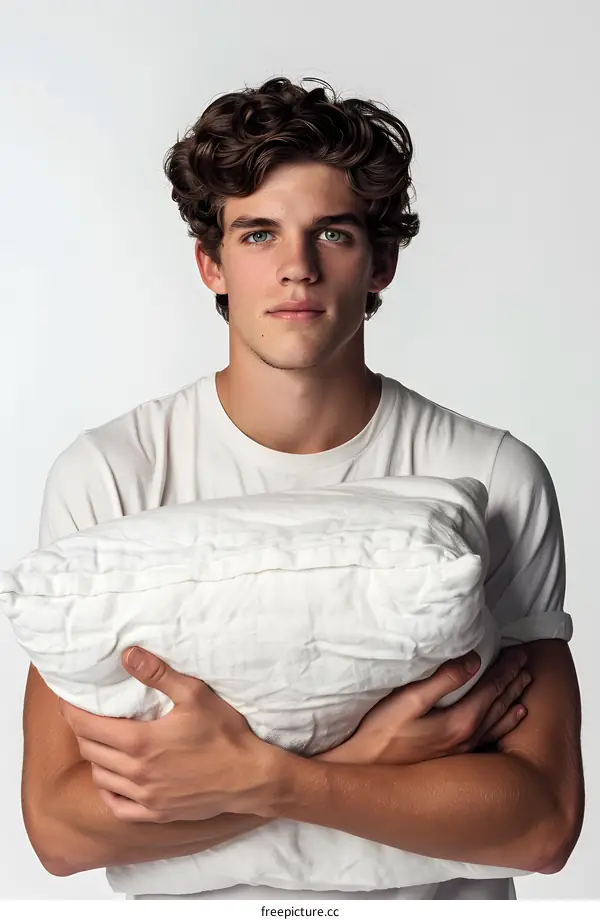 Young man holding white pillow
