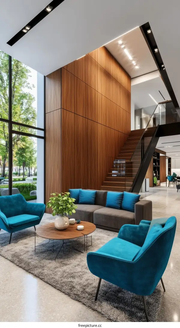 Modern Lobby Interior Design with Teal Accents