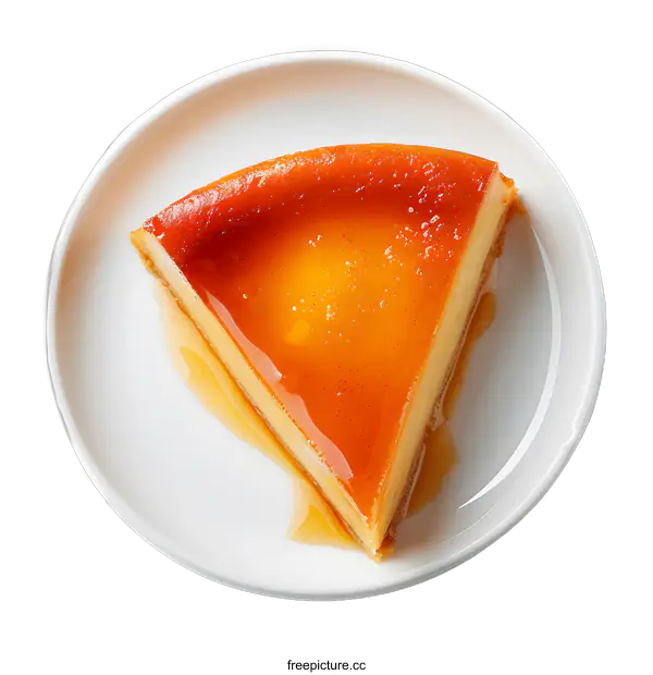 [Transparent Background PNG]A slice of cheesecake with a golden caramel glaze on a white plate