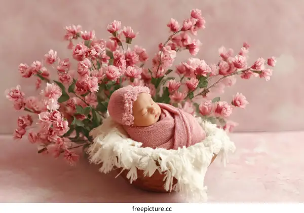 Adorable Newborn Baby Girl Wrapped in Pink