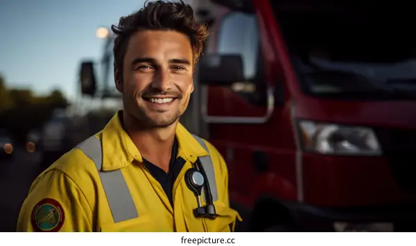 Portrait of a firefighter in protective gear smiling in front of a fire truck
