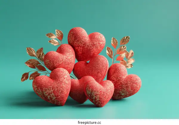 Romantic Red Hearts and Gold Branches Illustration