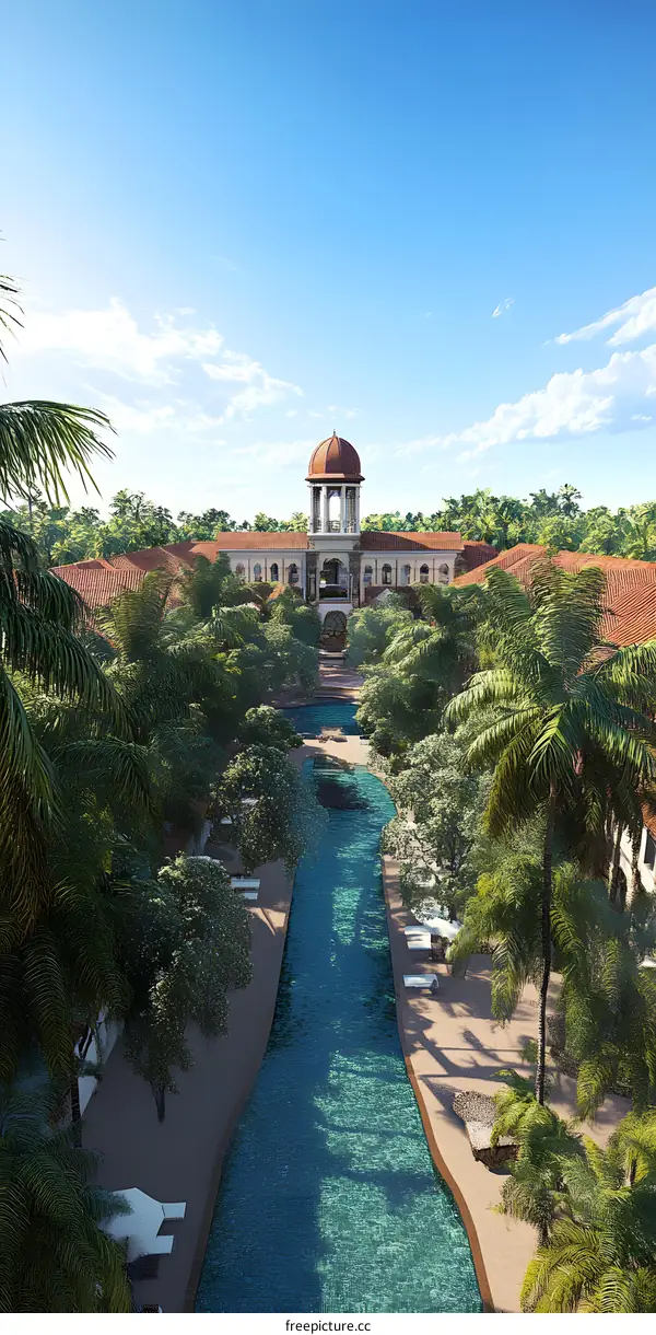 Tropical Resort with Palm Trees and Pool
