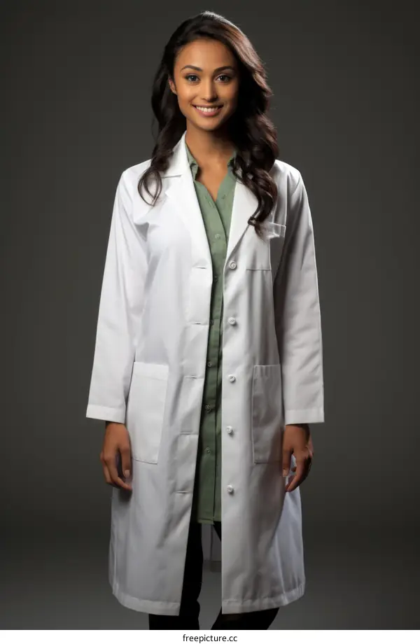 A young female doctor wearing a lab coat smiles at the camera