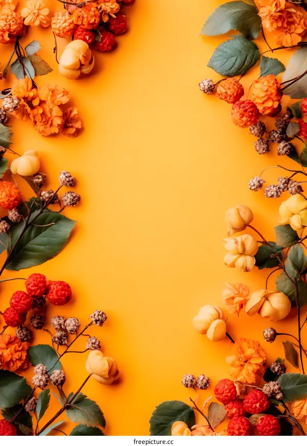 Autumn Floral Background with Yellow Orange Flowers and Berries