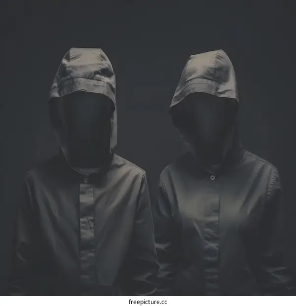 Two People In Hooded Shirts Standing In Front Of A Dark Background