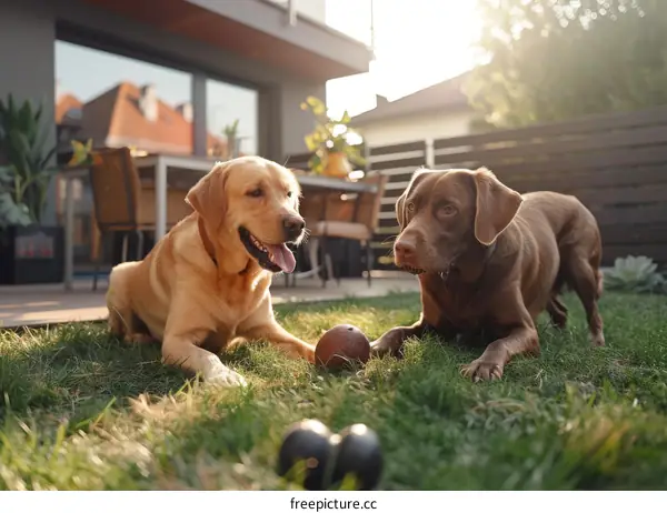 Two dogs playing with a ball in the backyard