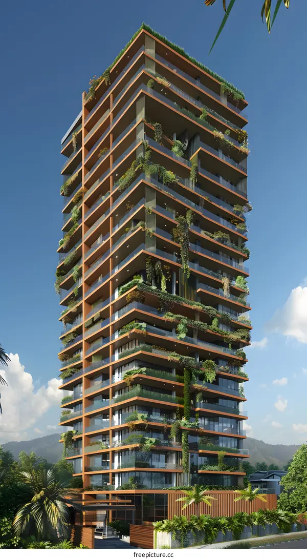 Modern Green Building with Balcony and Palm Trees