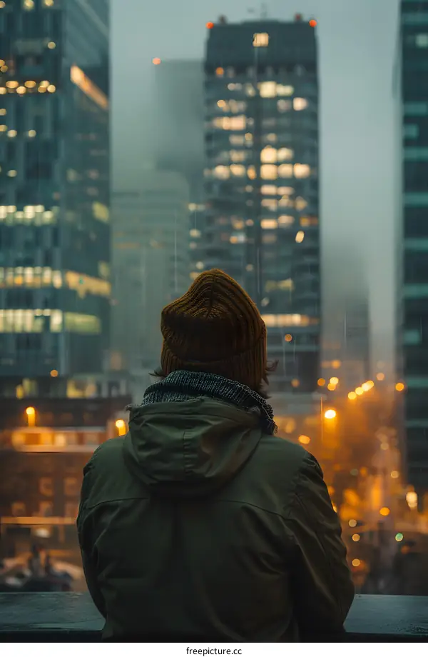 Person in a Brown Hat Looking at City Lights in Rain