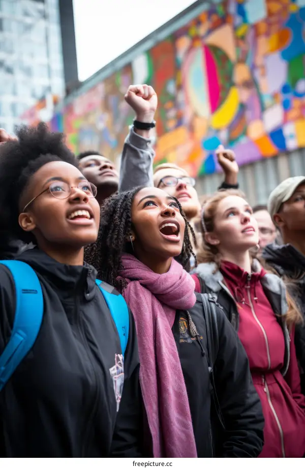 Group of diverse young people raising fists in front of colorful mural