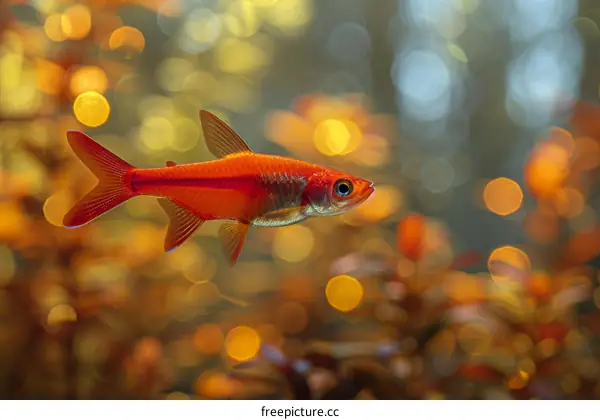 A small red fish is swimming in a fish tank with green plants and orange decorations