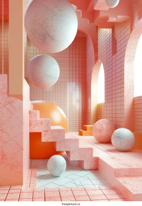 Surreal Pink Space with Floating Spheres