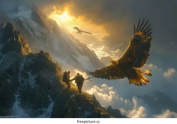 Two men on a mountaintop with an eagle flying above them