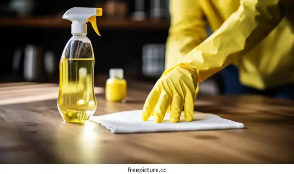 A person wearing yellow gloves is wiping a table with a cloth and disinfectant spray.