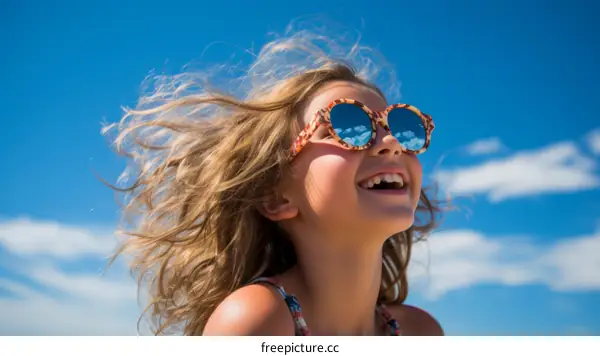 Little girl with sunglasses smiling in the summer wind