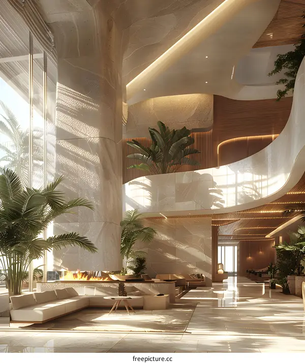 The sun shines through the floor-to-ceiling windows of a modern hotel lobby