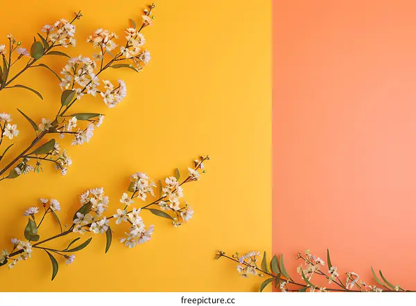 White Flowers Branches on Yellow and Orange Background