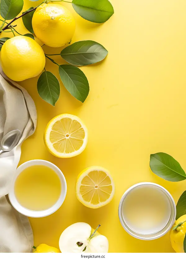 Fresh Lemon Juice with Green Leaves and Apple on Yellow Background
