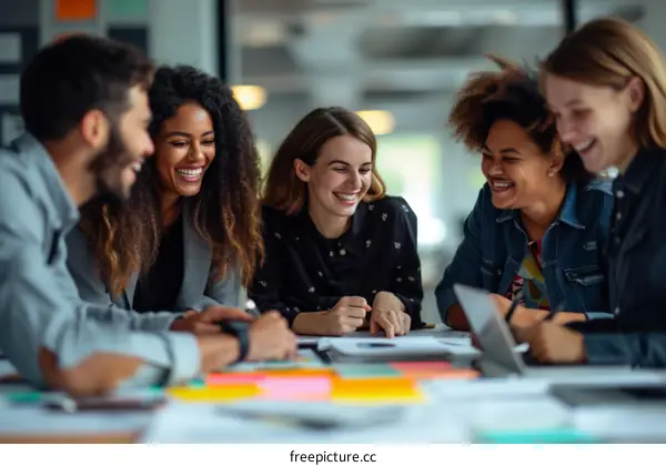A group of multi-ethnic business professionals having a meeting and laughing