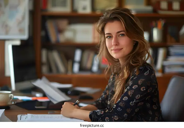 portrait of a young woman sitting at a desk and smiling