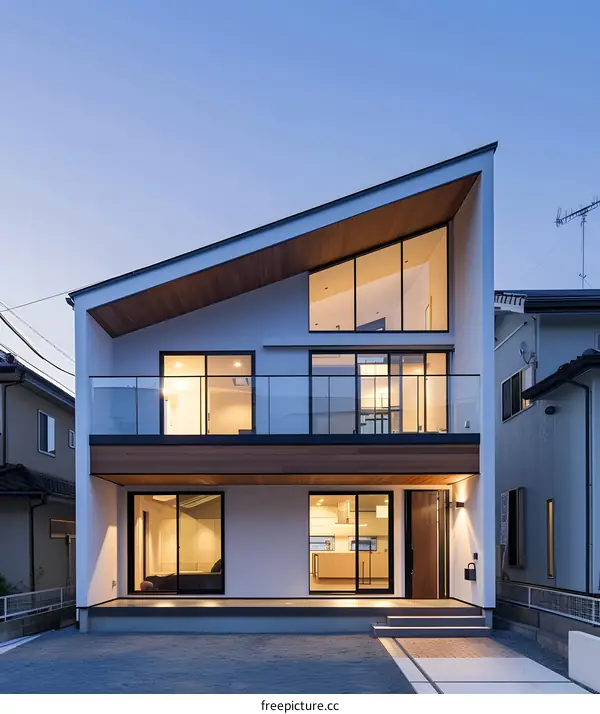 Modern Two Story House with Wooden Accents and a Glass Balcony