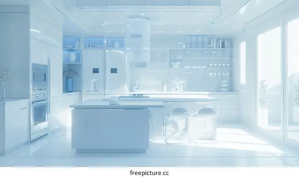 The interior of a modern kitchen with a large island in the center