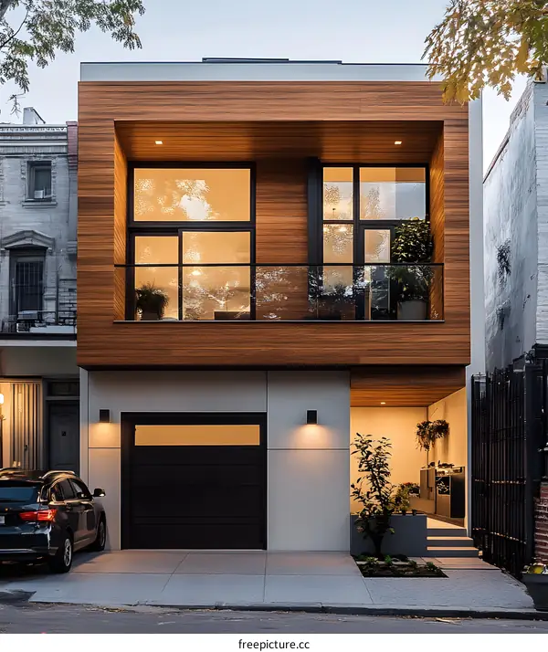 Modern Wood Clad House Exterior with Garage Door