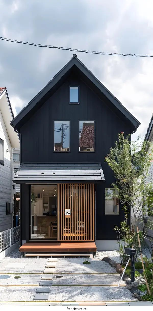Modern Japanese Home with Wooden Lattice and Gravel Garden