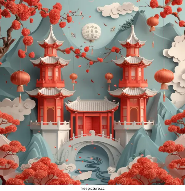 Chinese Style Paper Cut Landscape Illustration