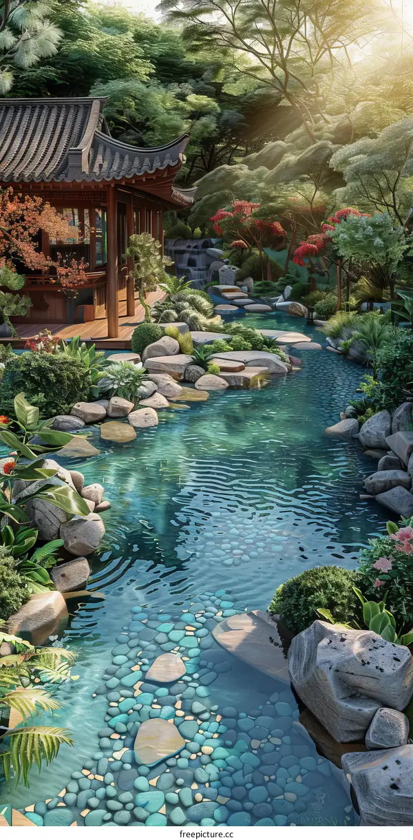 Chinese Style Garden with Water and Tower