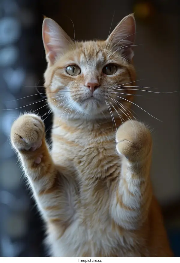A ginger cat is standing on its hind legs with its paws in the air