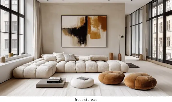 Modern Beige Living Room with Unique Sofa and Artwork