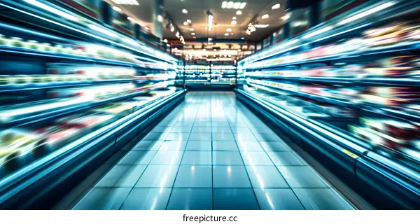 Supermarket Aisle with Blurred Products and Tile Floor